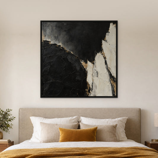 Ivory and Onyx, gold abstract hand-painted canvas wall art in a bedroom – Gallery 23