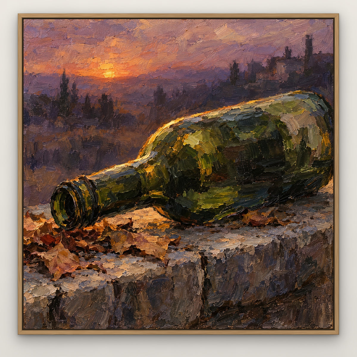 Lone Green Bottle, gold still life hand-painted canvas wall art in a slim oak float frame – Gallery 23