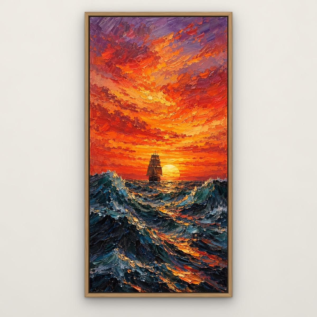 Sunset Voyage, blue seascape hand-painted canvas wall art in a slim oak float frame – Gallery 23