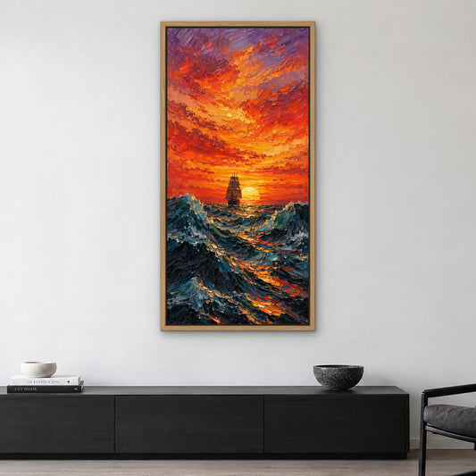 Sunset Voyage, blue seascape hand-painted canvas wall art in a living room – Gallery 23