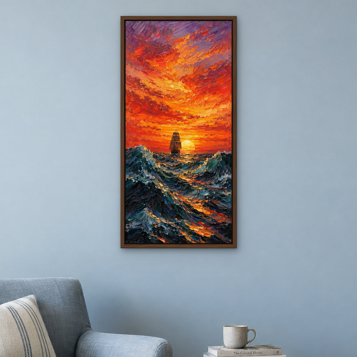 Sunset Voyage, blue seascape hand-painted canvas wall art in a reading corner – Gallery 23