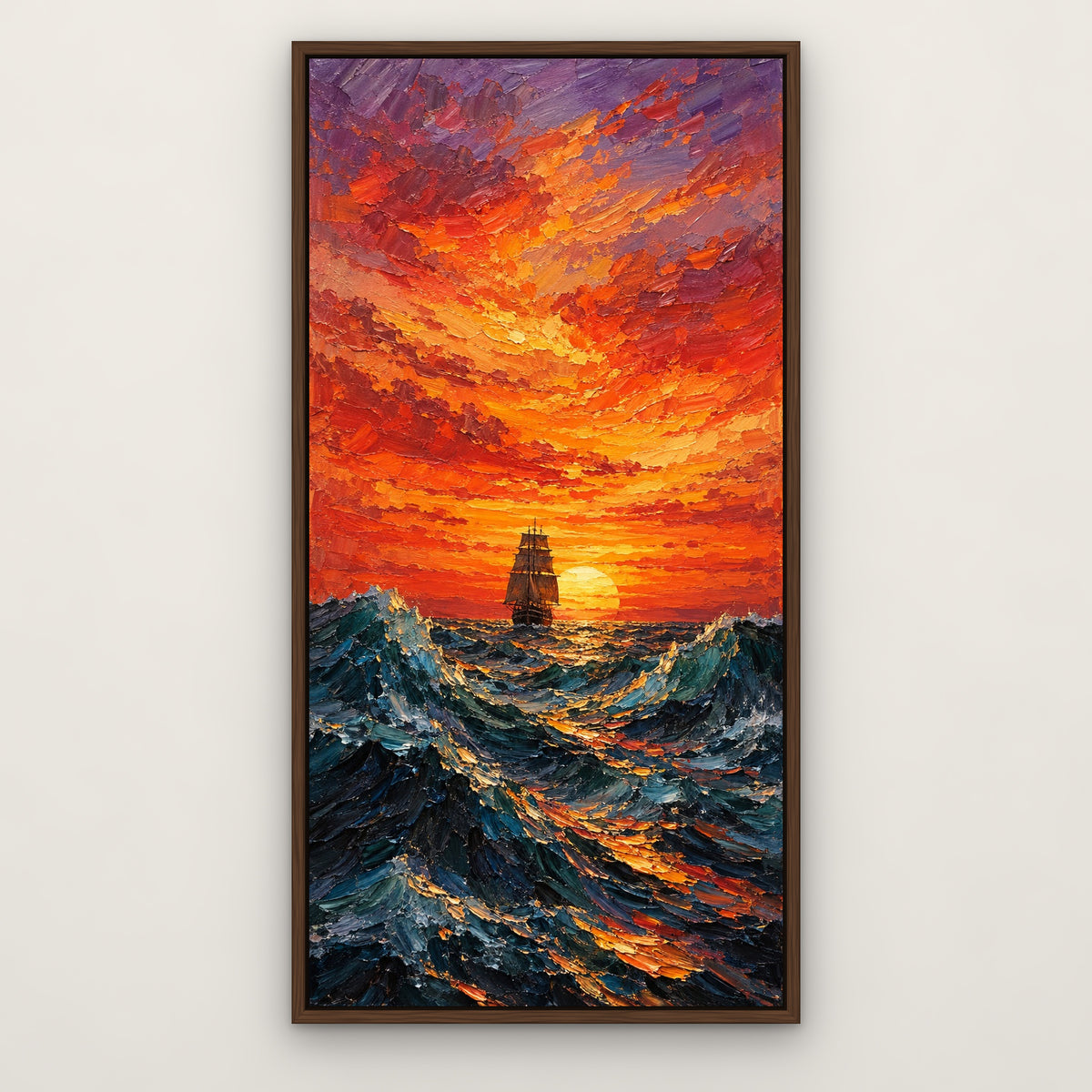 Sunset Voyage, blue seascape hand-painted canvas wall art in a slim walnut float frame – Gallery 23
