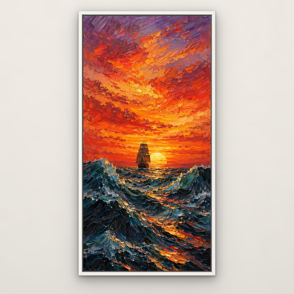 Sunset Voyage, blue seascape hand-painted canvas wall art in a slim white float frame – Gallery 23