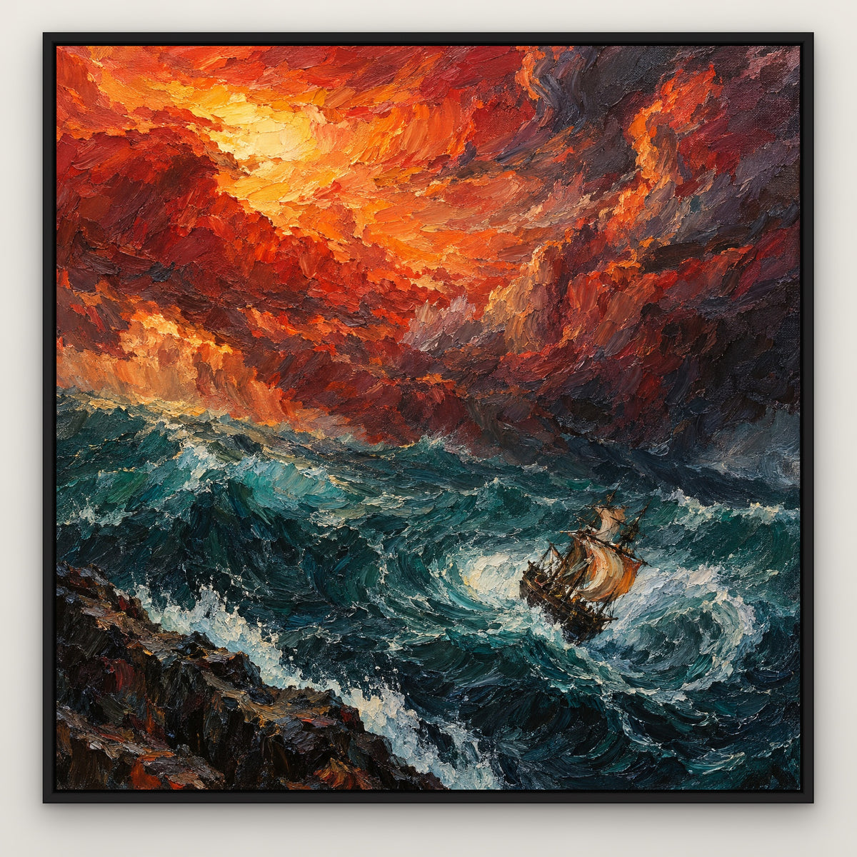 Fiery Gale Galleon, blue seascape hand-painted canvas wall art in a slim black float frame – Gallery 23