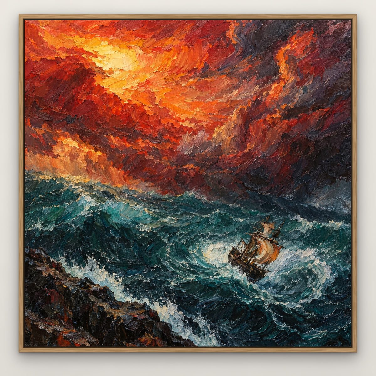 Fiery Gale Galleon, blue seascape hand-painted canvas wall art in a slim oak float frame – Gallery 23