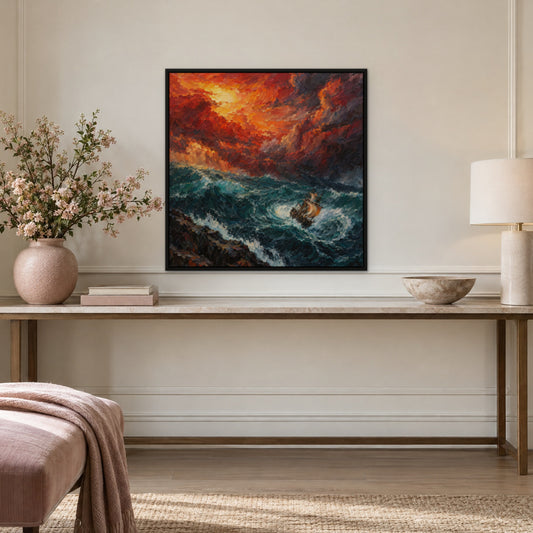Fiery Gale Galleon, blue seascape hand-painted canvas wall art in a hallway – Gallery 23