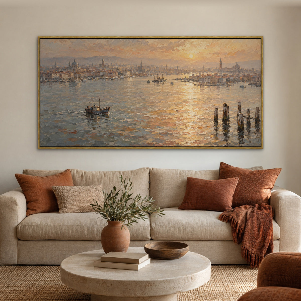 Hazy Harbour City, orange abstract hand-painted canvas wall art in a living room – Gallery 23