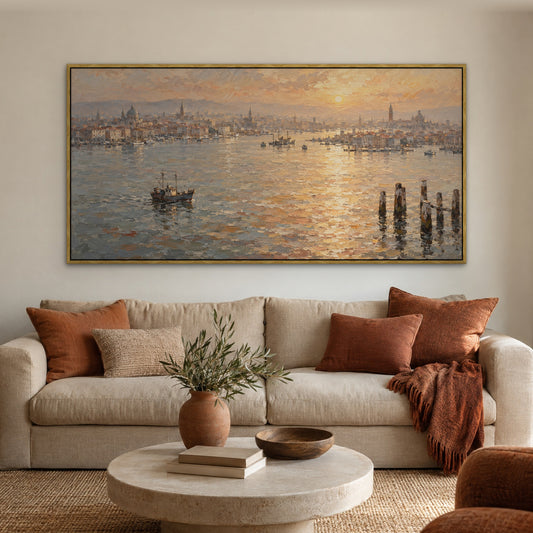 Hazy Harbour City, orange abstract hand-painted canvas wall art in a living room – Gallery 23