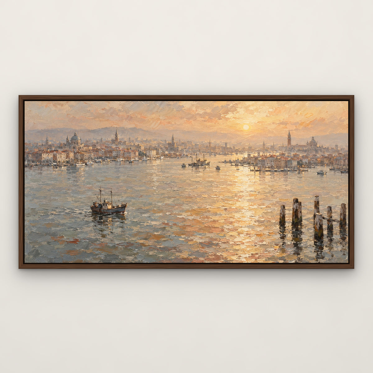 Hazy Harbour City, orange abstract hand-painted canvas wall art in a slim walnut float frame – Gallery 23