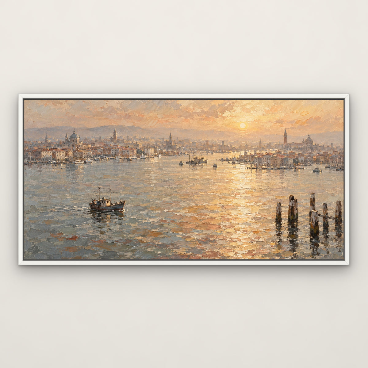 Hazy Harbour City, orange abstract hand-painted canvas wall art in a slim white float frame – Gallery 23