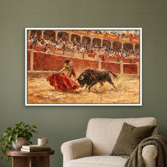 Matador's Fiesta, red abstract hand-painted canvas wall art in a reading corner – Gallery 23