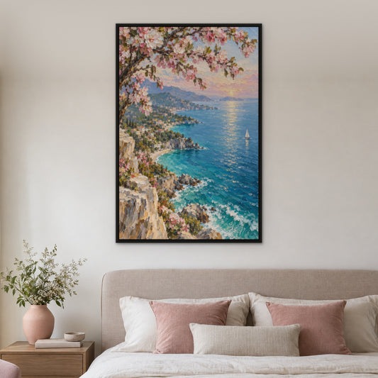 Blossom Shore Sail, blue seascape hand-painted canvas wall art in a bedroom – Gallery 23