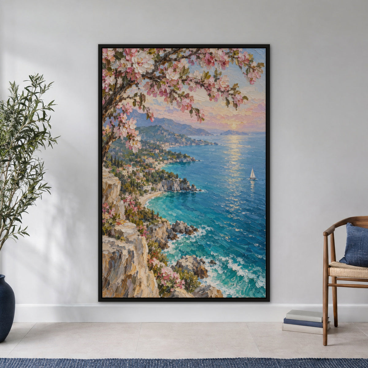 Blossom Shore Sail, blue seascape hand-painted canvas wall art in a hallway – Gallery 23