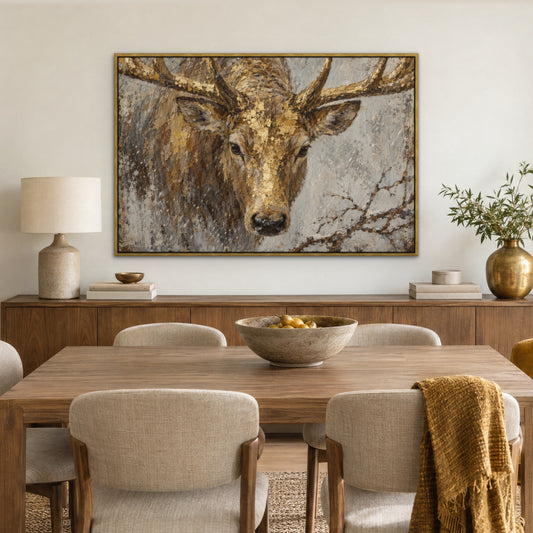 Gilded Stag, gold wildlife hand-painted canvas wall art in a dining room – Gallery 23