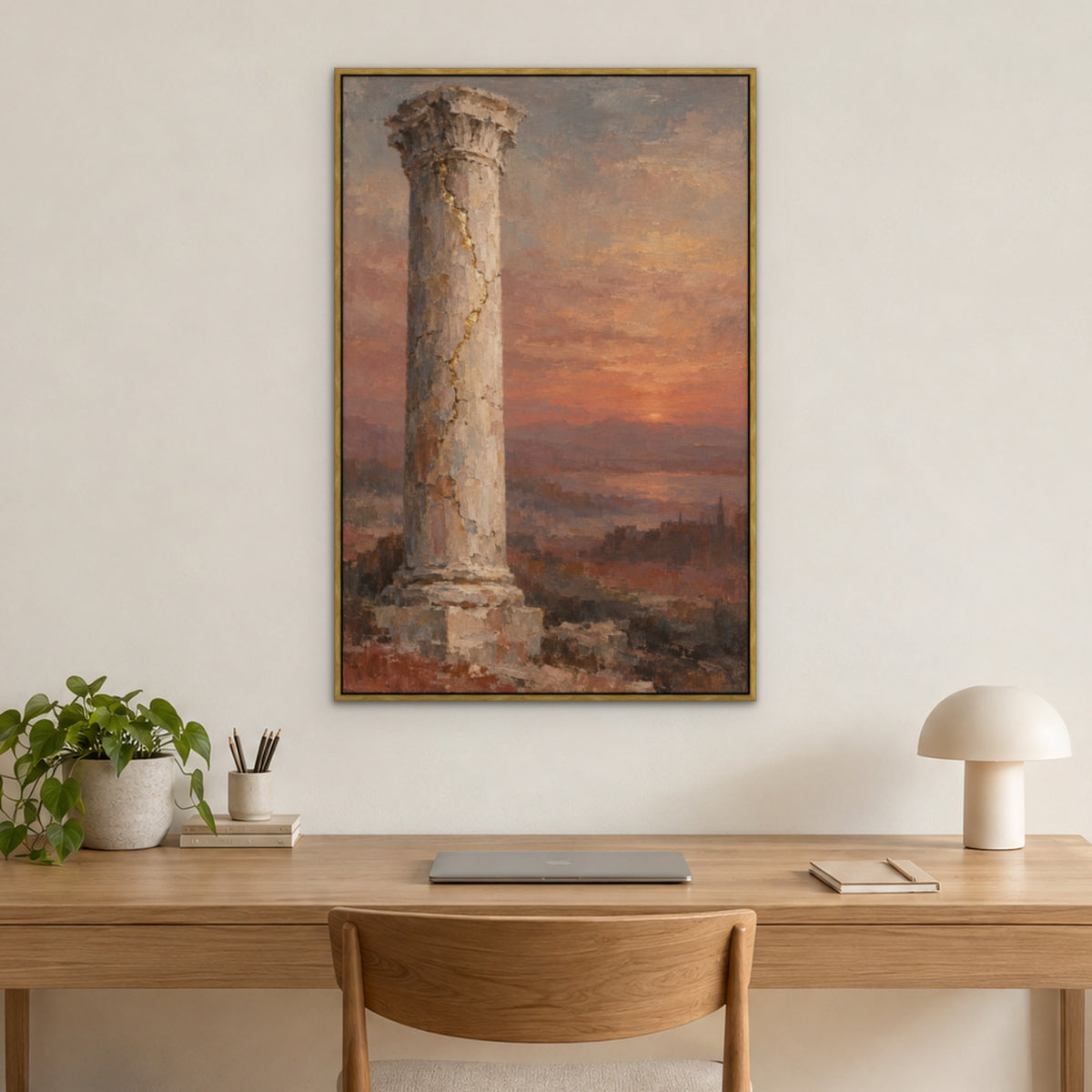 Gold Seam Column, grey abstract hand-painted canvas wall art in a home office – Gallery 23