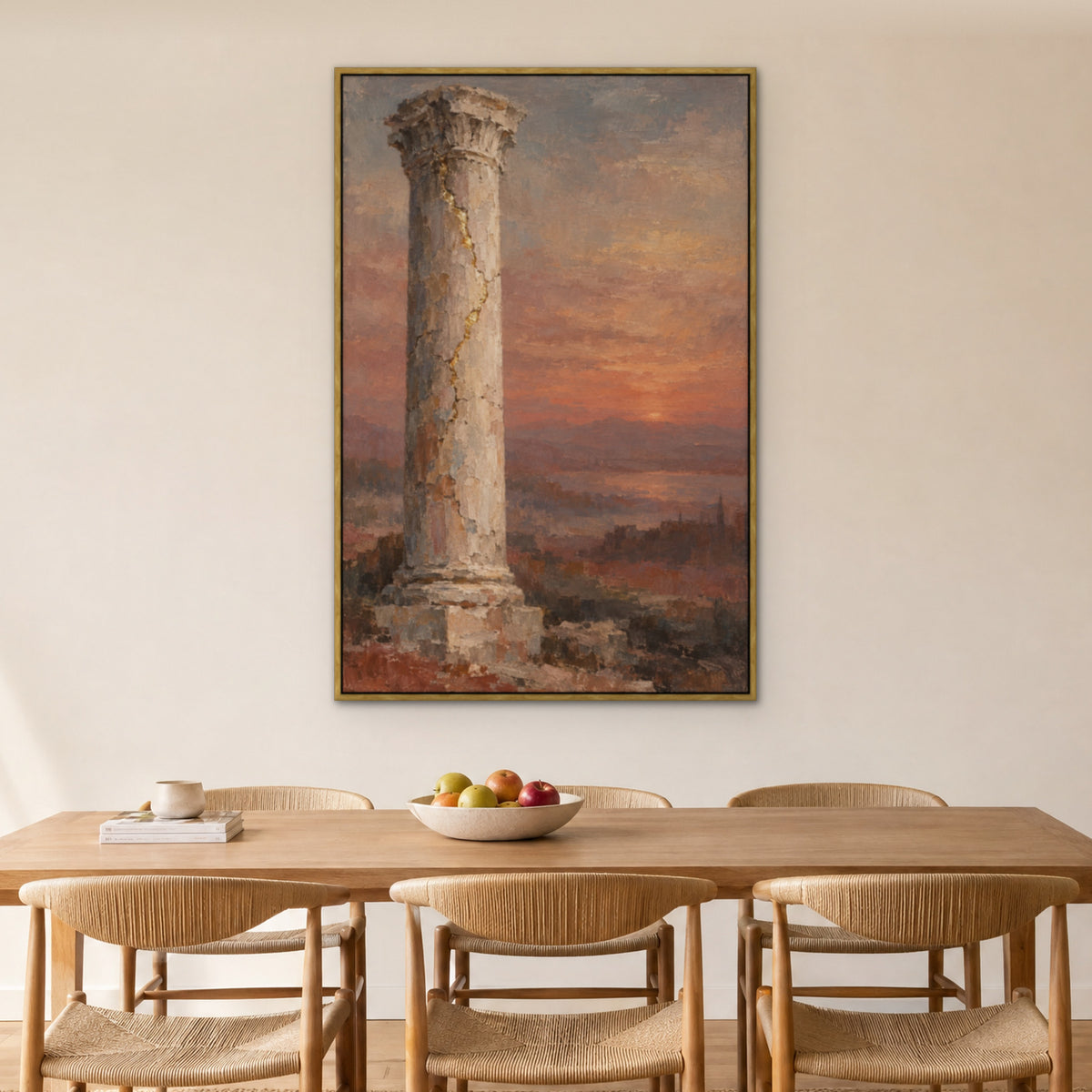 Gold Seam Column, grey abstract hand-painted canvas wall art in a dining room – Gallery 23