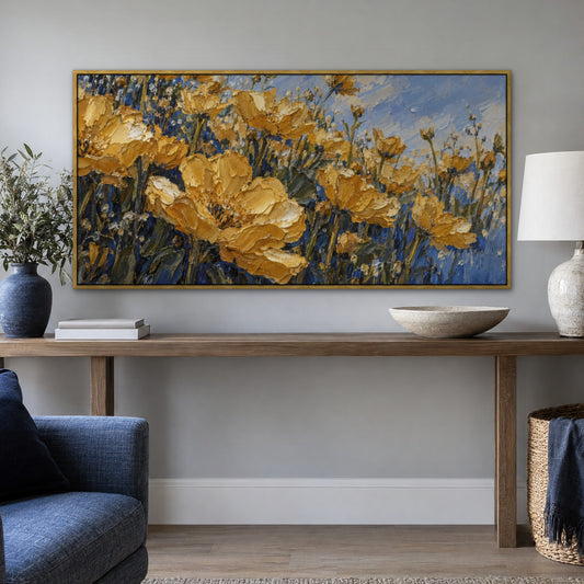 Gilded Blue Meadow, gold landscape hand-painted canvas wall art in a hallway – Gallery 23