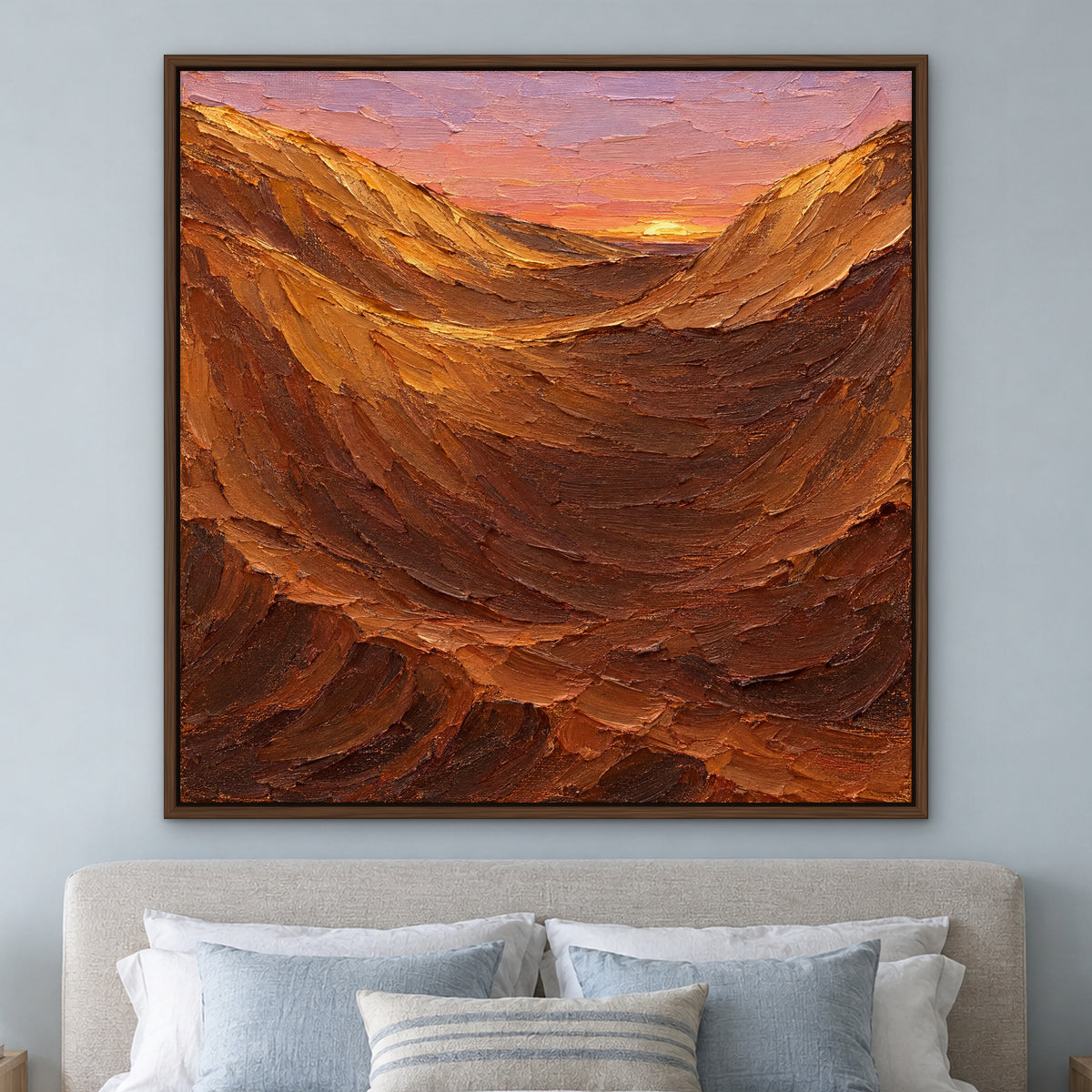 Golden Dune, blue mountain landscape hand-painted canvas wall art in a bedroom – Gallery 23