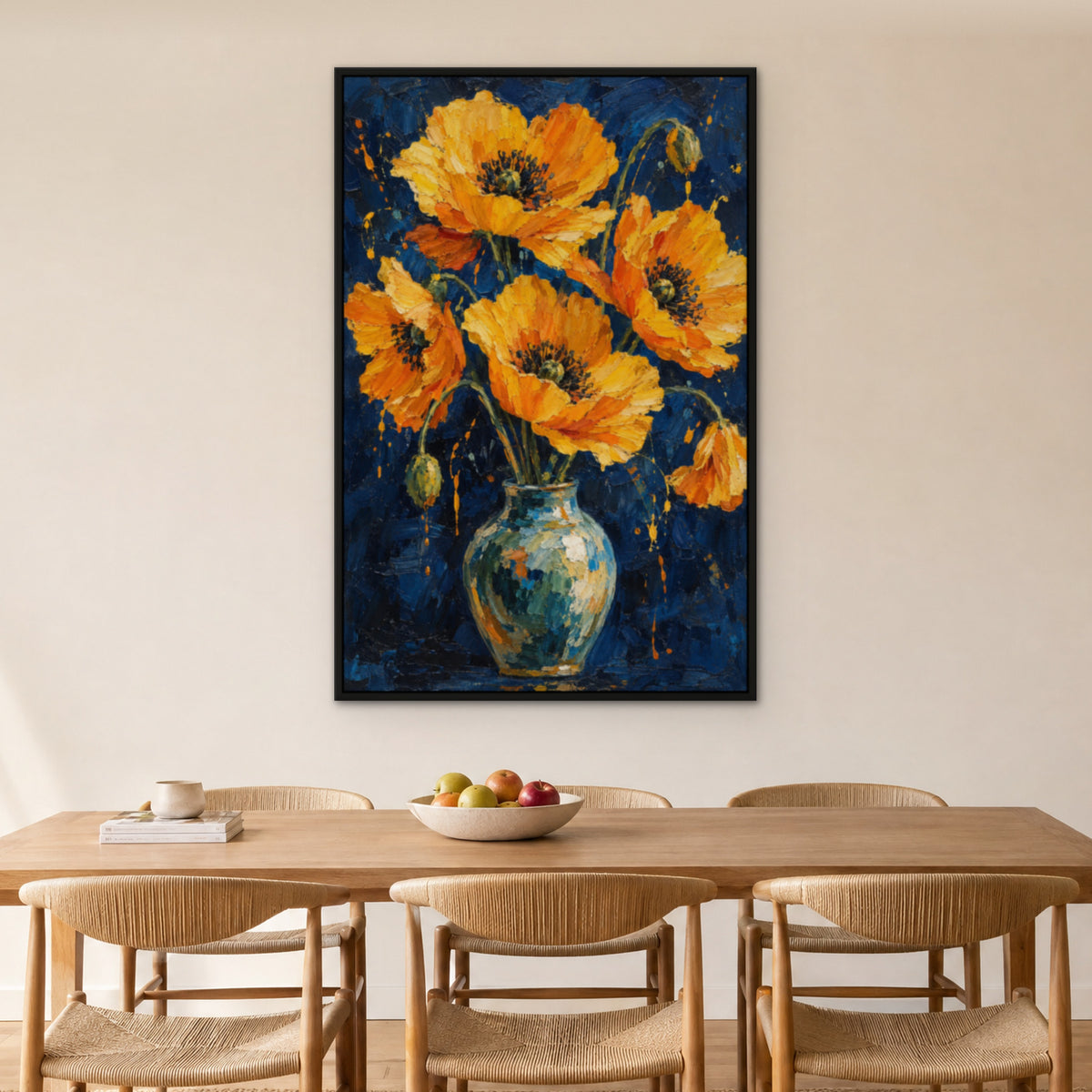 Golden Burst Bloom, yellow abstract hand-painted canvas wall art in a dining room – Gallery 23