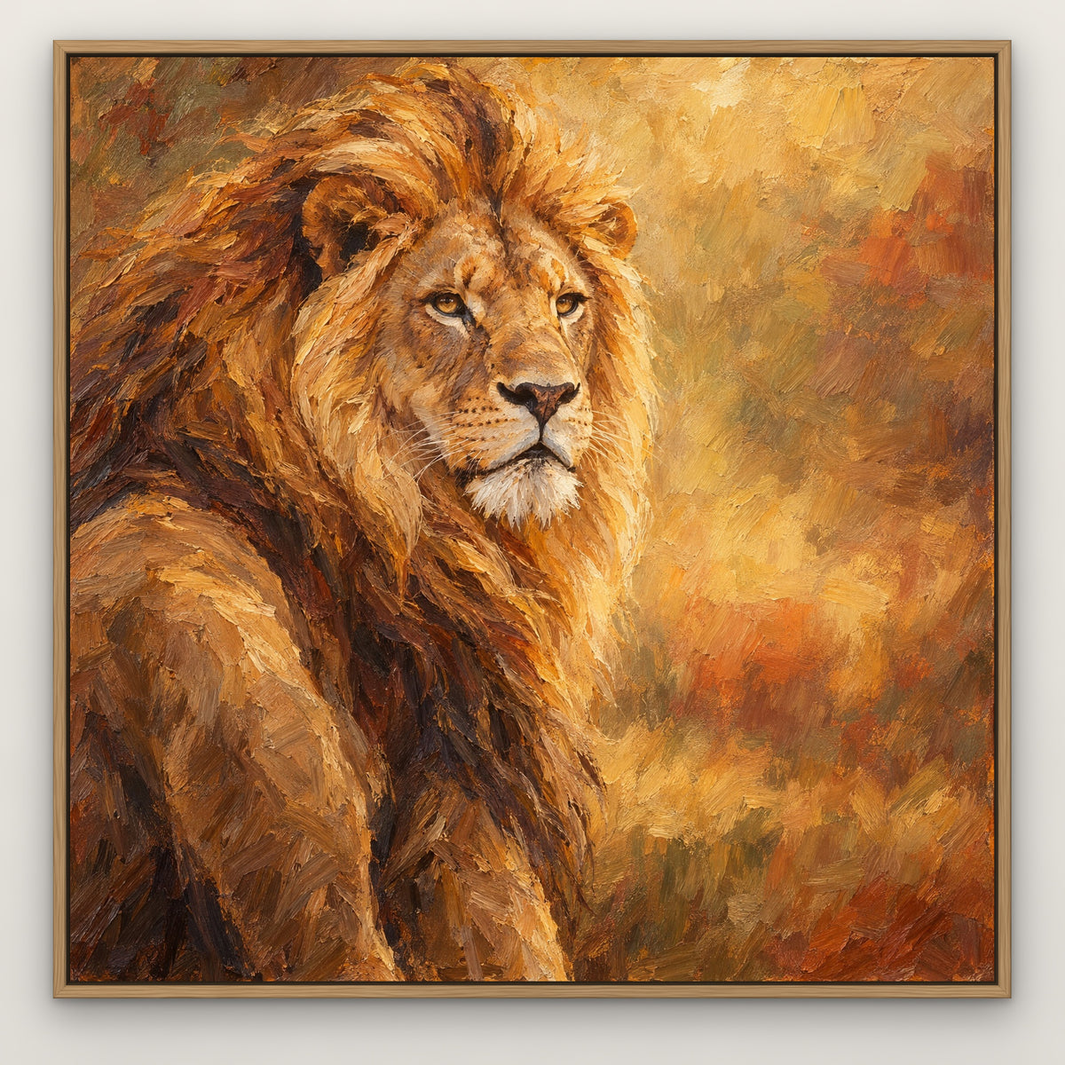 Golden Mane, orange wildlife hand-painted canvas wall art in a slim oak float frame – Gallery 23