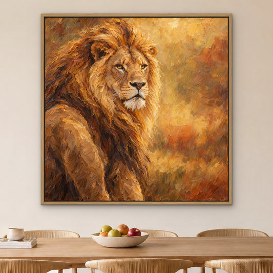 Golden Mane, orange wildlife hand-painted canvas wall art in a dining room – Gallery 23
