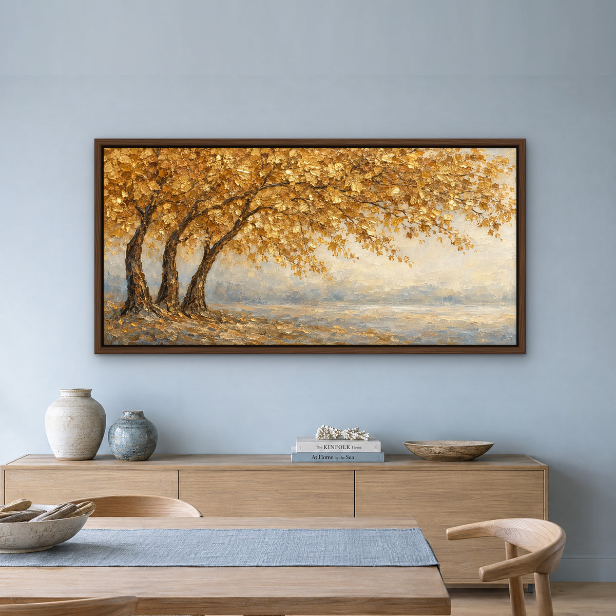 Gilded Canopy, gold landscape hand-painted canvas wall art in a dining room – Gallery 23