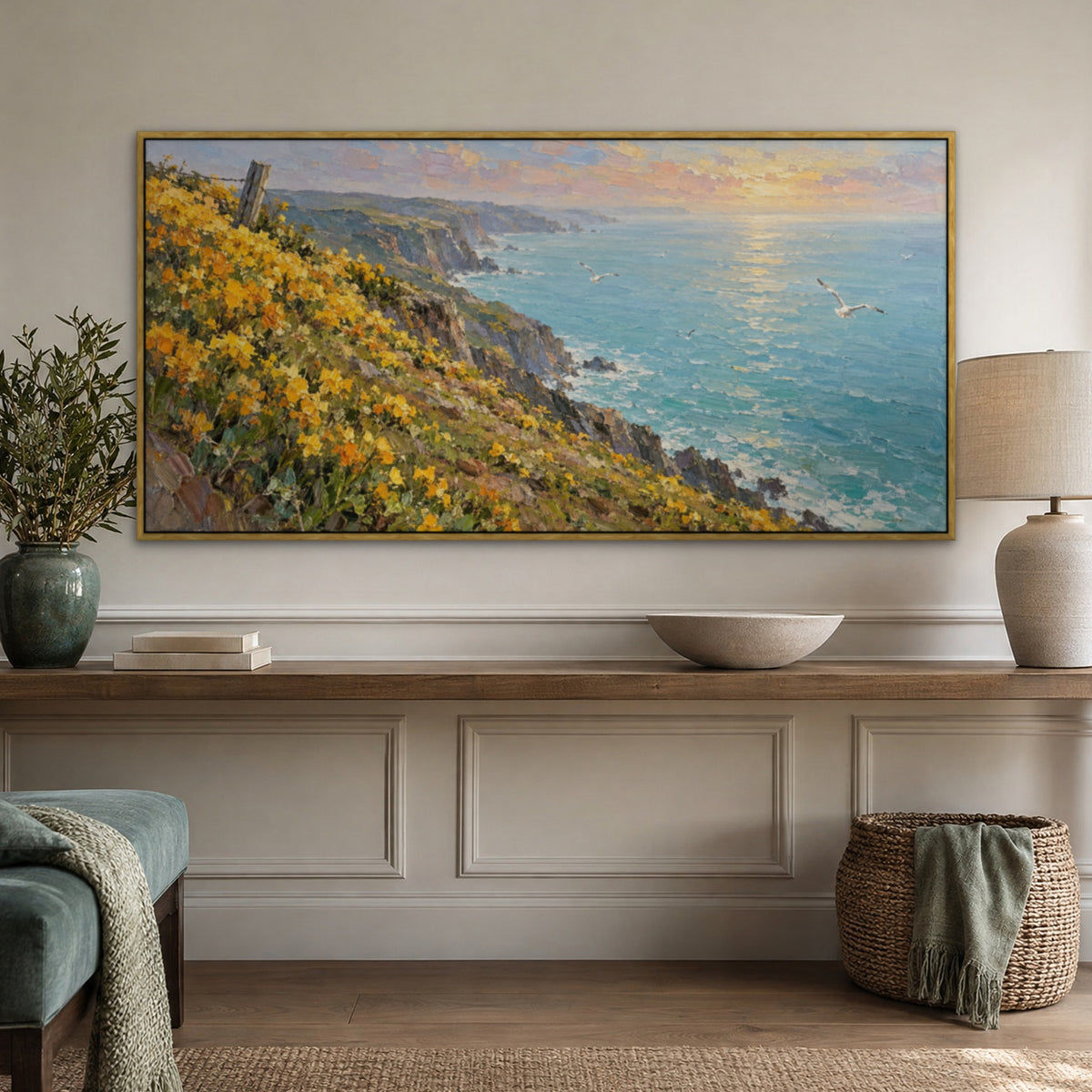 Golden Coastal Blooms, blue seascape hand-painted canvas wall art in a hallway – Gallery 23