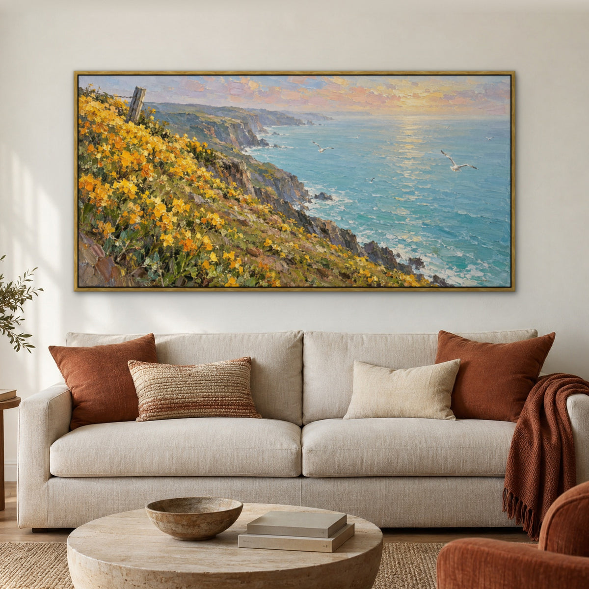 Golden Coastal Blooms, blue seascape hand-painted canvas wall art in a living room – Gallery 23