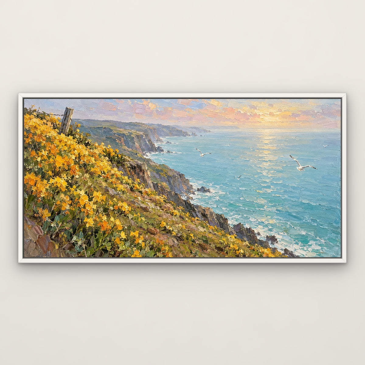 Golden Coastal Blooms, blue seascape hand-painted canvas wall art in a slim white float frame – Gallery 23