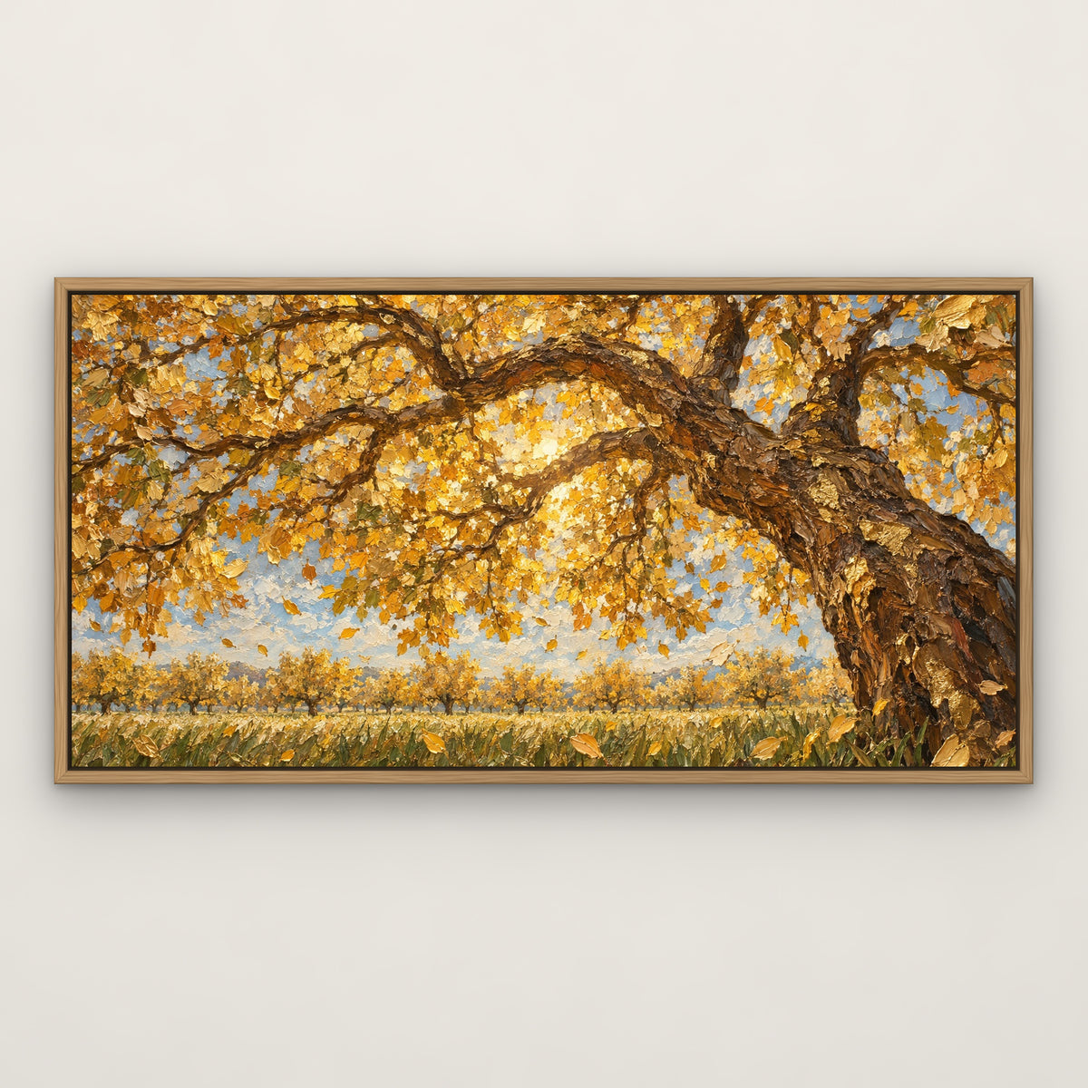 Golden Orchard Row, neutral landscape hand-painted canvas wall art in a slim oak float frame – Gallery 23