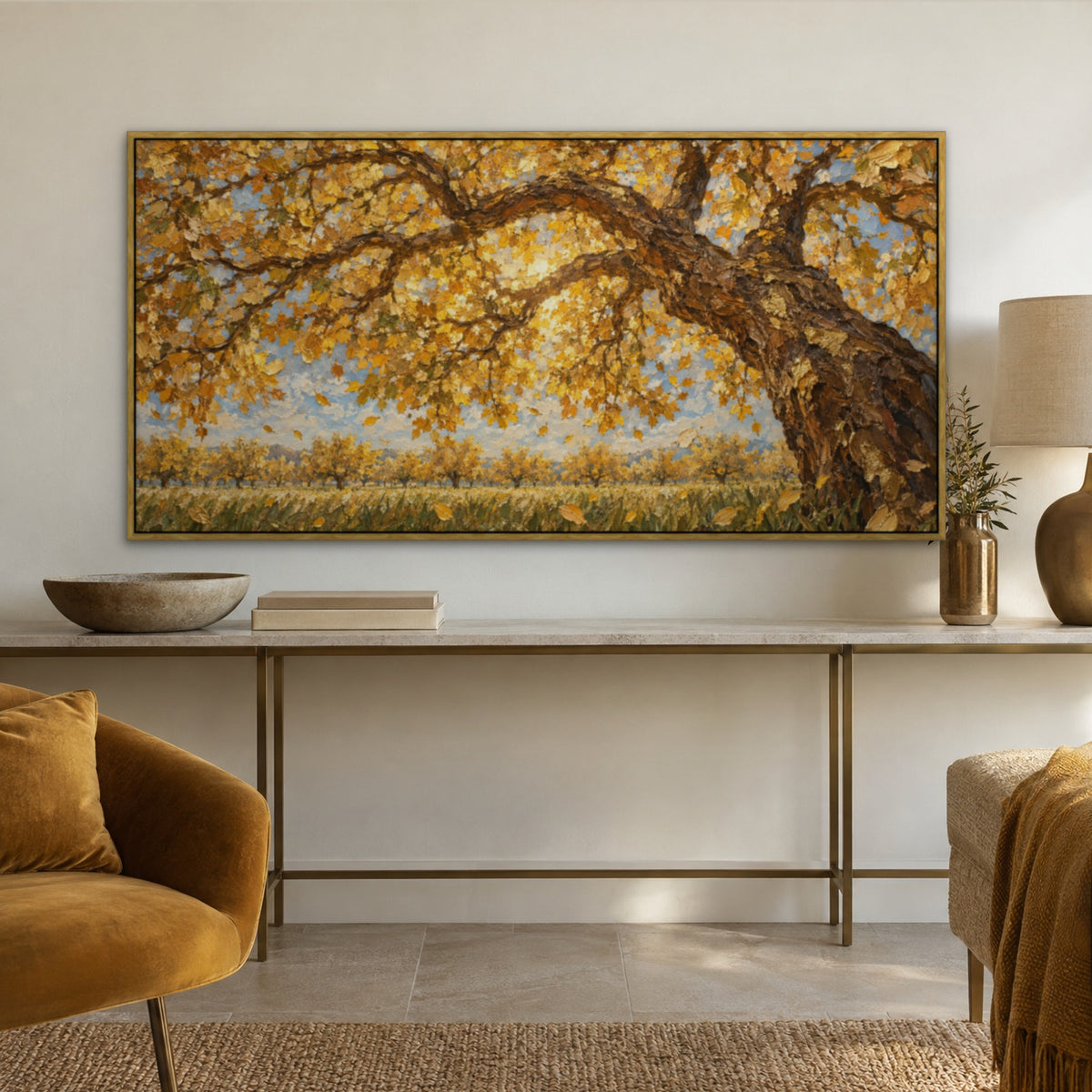 Golden Orchard Row, neutral landscape hand-painted canvas wall art in a hallway – Gallery 23