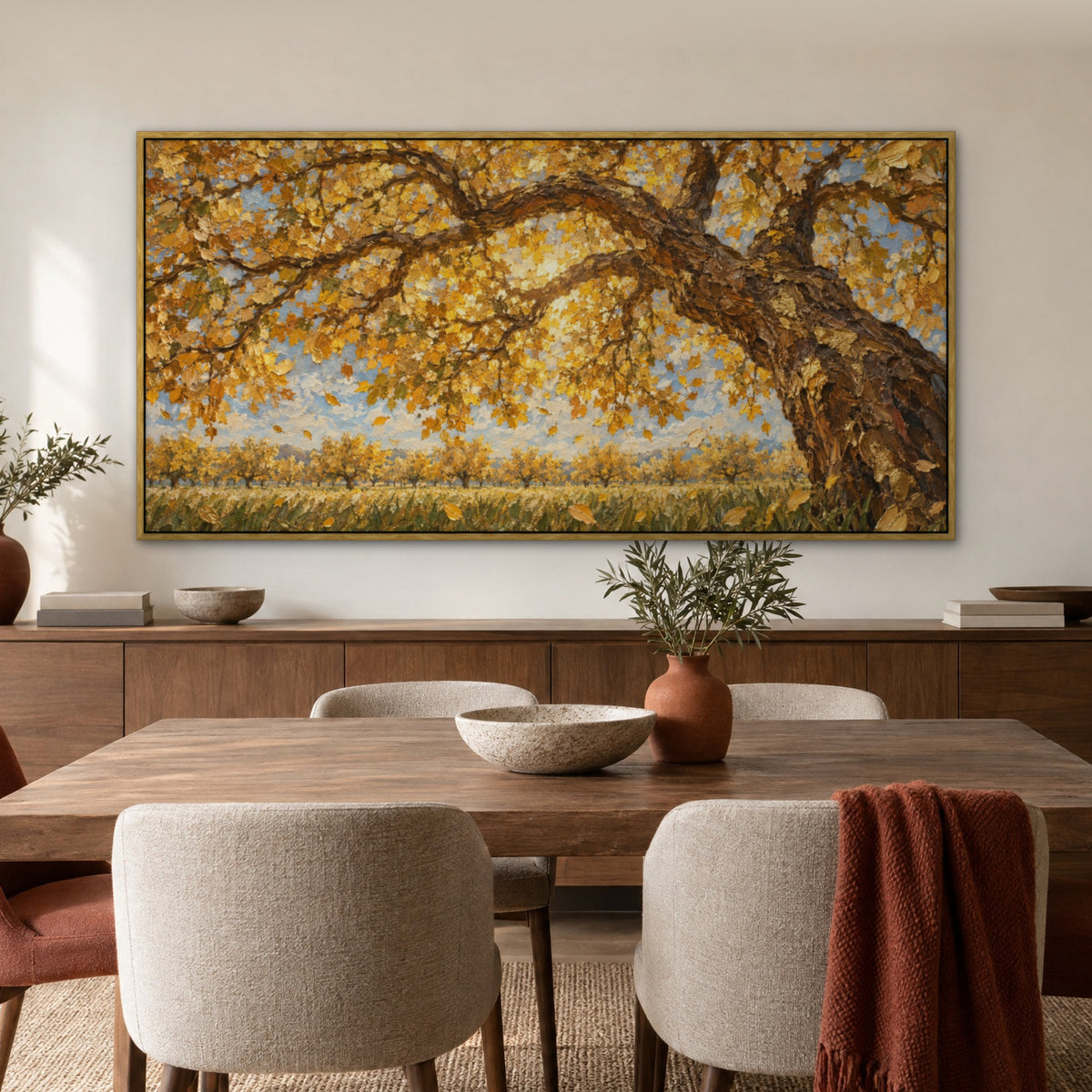 Golden Orchard Row, neutral landscape hand-painted canvas wall art in a dining room – Gallery 23