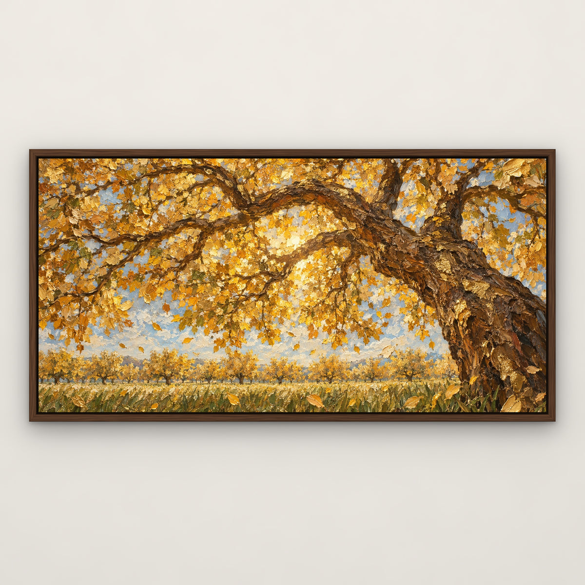 Golden Orchard Row, neutral landscape hand-painted canvas wall art in a slim walnut float frame – Gallery 23
