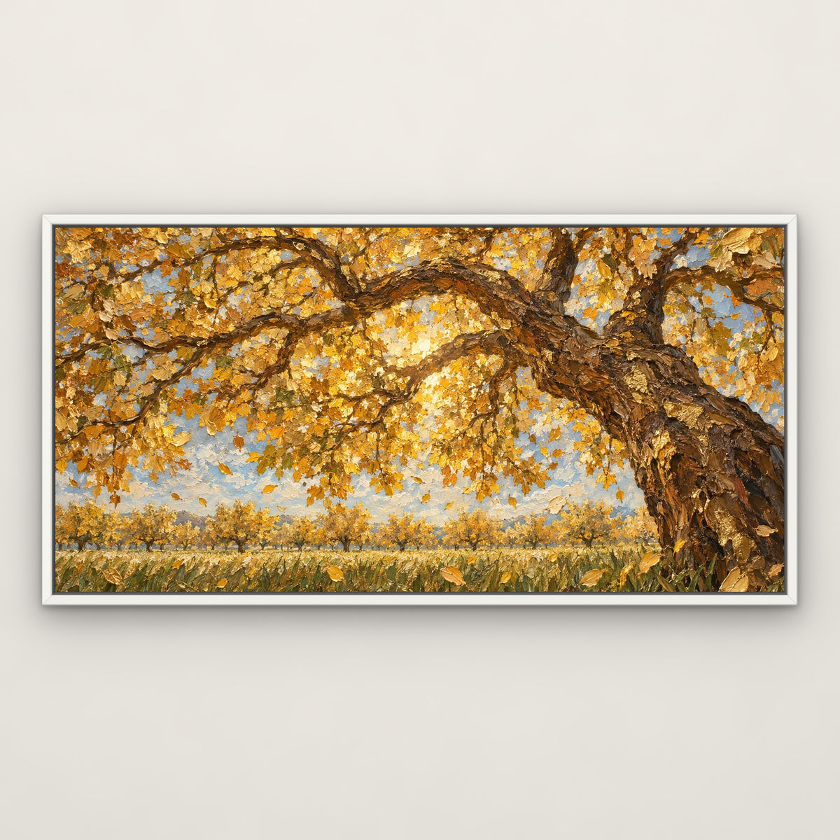 Golden Orchard Row, neutral landscape hand-painted canvas wall art in a slim white float frame – Gallery 23