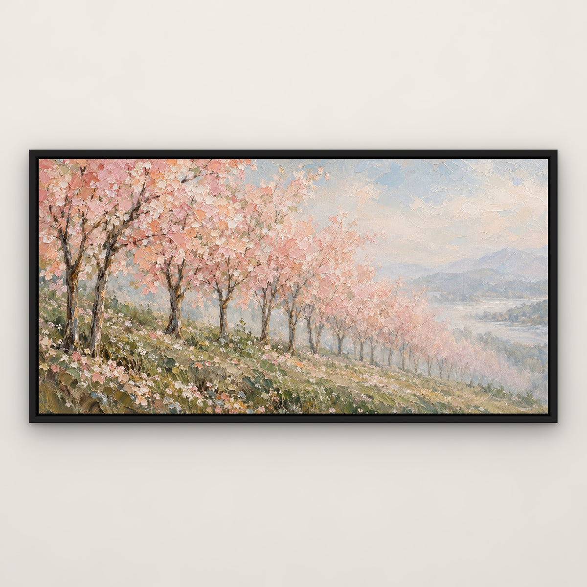 Blush Blossom Row, gold landscape hand-painted canvas wall art in a slim black float frame – Gallery 23