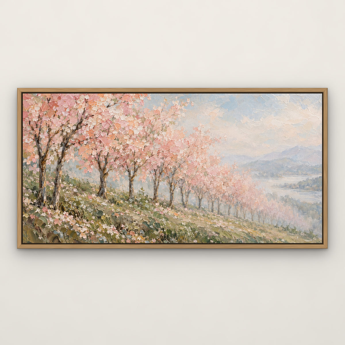 Blush Blossom Row, gold landscape hand-painted canvas wall art in a slim oak float frame – Gallery 23