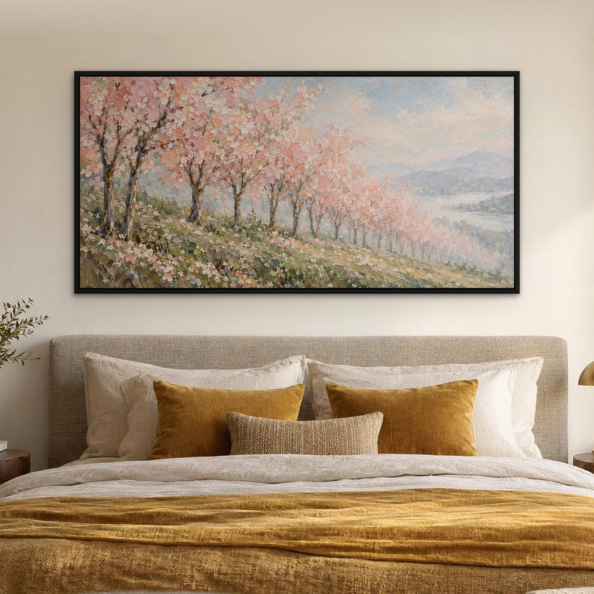 Blush Blossom Row, gold landscape hand-painted canvas wall art in a bedroom – Gallery 23