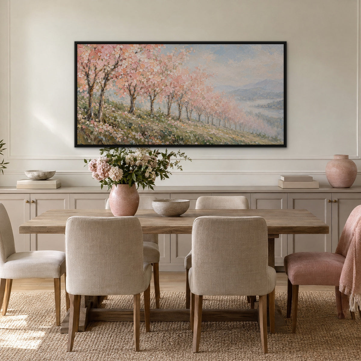 Blush Blossom Row, gold landscape hand-painted canvas wall art in a dining room – Gallery 23