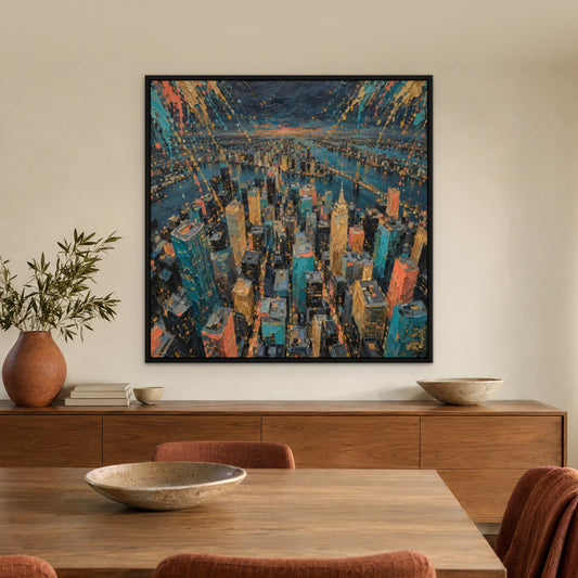 Splashed Skyline Drip, colourful abstract hand-painted canvas wall art in a dining room – Gallery 23