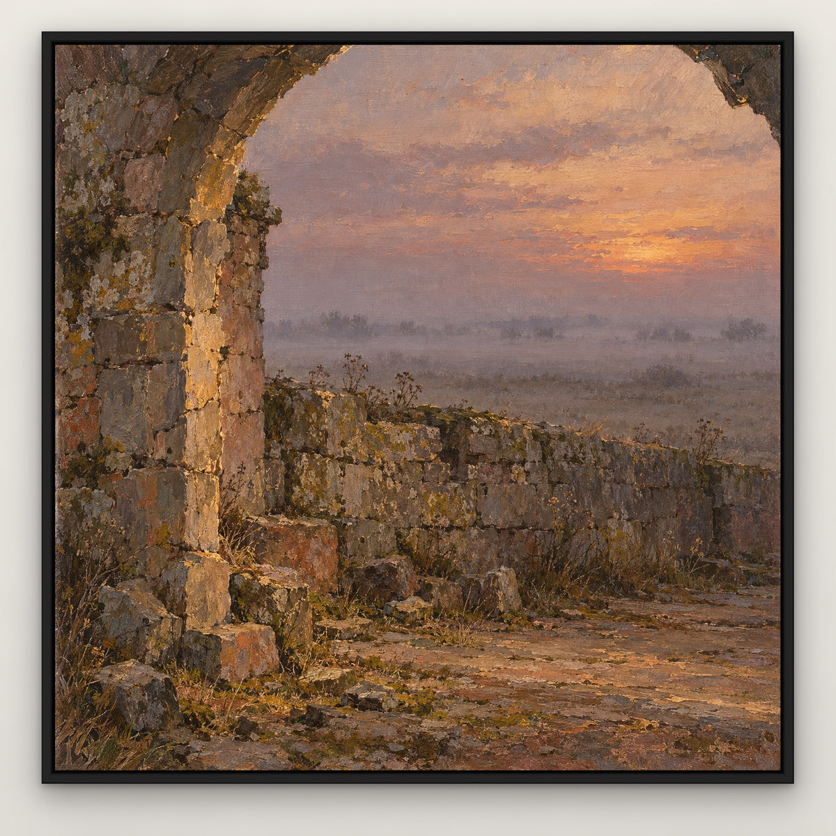 Ancient Wall in Mist, gold mountain landscape hand-painted canvas wall art in a slim black float frame – Gallery 23