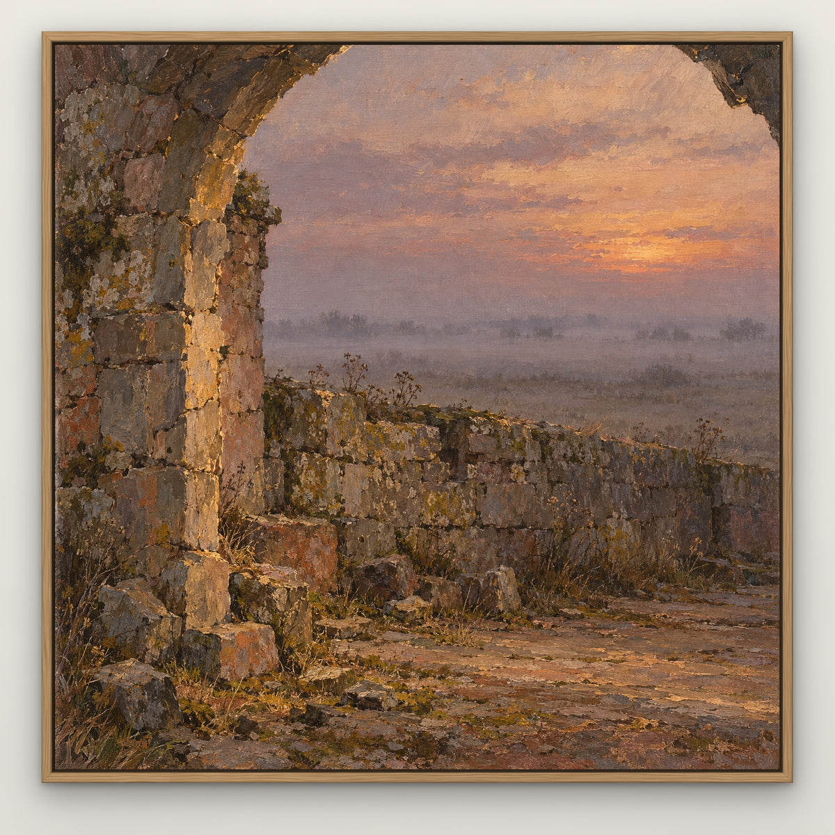 Ancient Wall in Mist, gold mountain landscape hand-painted canvas wall art in a slim oak float frame – Gallery 23