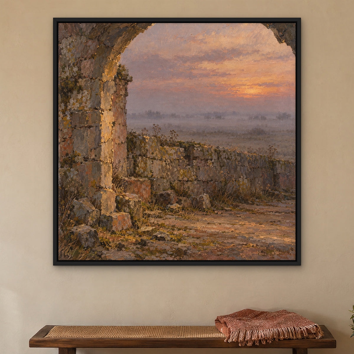 Ancient Wall in Mist, gold mountain landscape hand-painted canvas wall art in a bedroom – Gallery 23