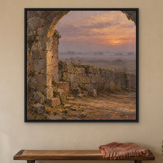 Ancient Wall in Mist, gold mountain landscape hand-painted canvas wall art in a bedroom – Gallery 23