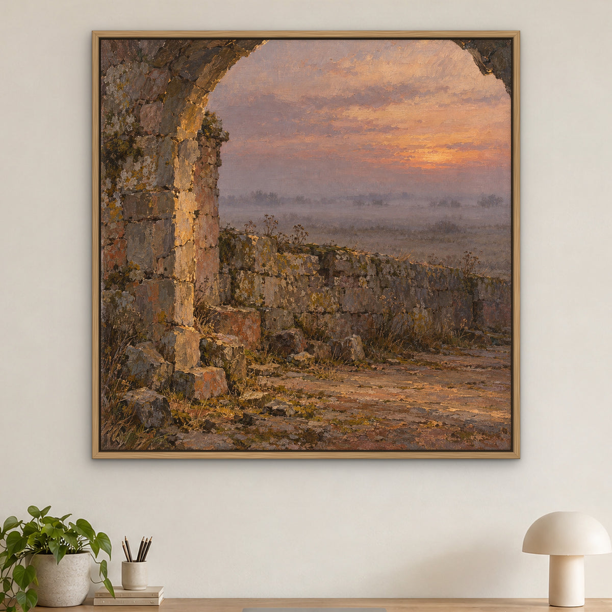 Ancient Wall in Mist, gold mountain landscape hand-painted canvas wall art in a home office – Gallery 23