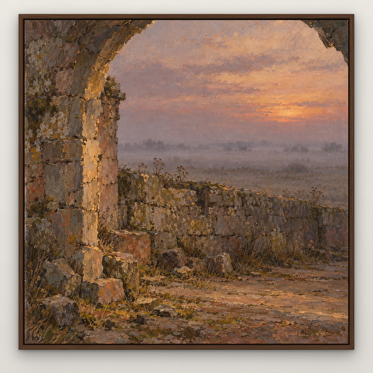 Ancient Wall in Mist, gold mountain landscape hand-painted canvas wall art in a slim walnut float frame – Gallery 23