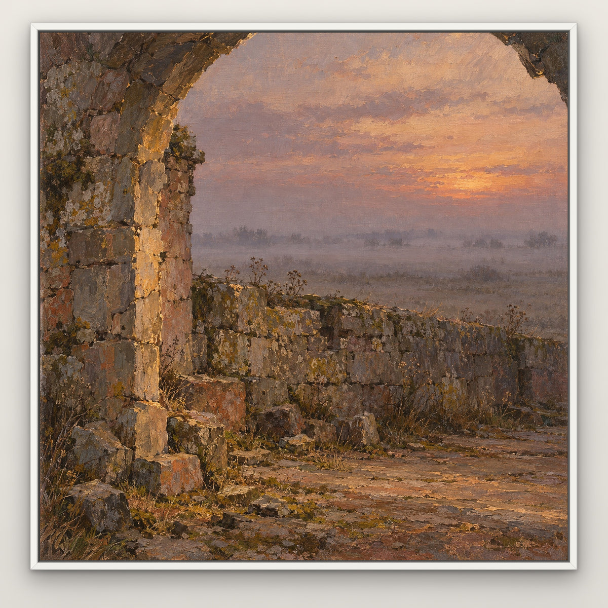 Ancient Wall in Mist, gold mountain landscape hand-painted canvas wall art in a slim white float frame – Gallery 23