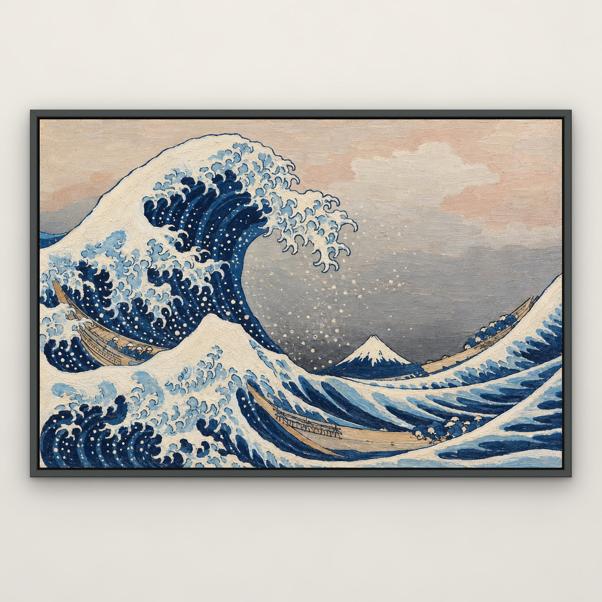 The Great Wave, after Hokusai, seascape hand-painted canvas wall art in a slim dark grey float frame – Gallery 23