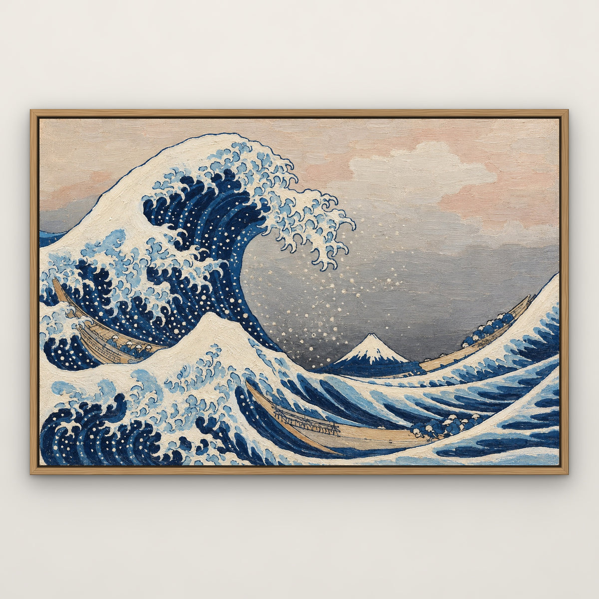 The Great Wave, after Hokusai, seascape hand-painted canvas wall art in a slim oak float frame – Gallery 23