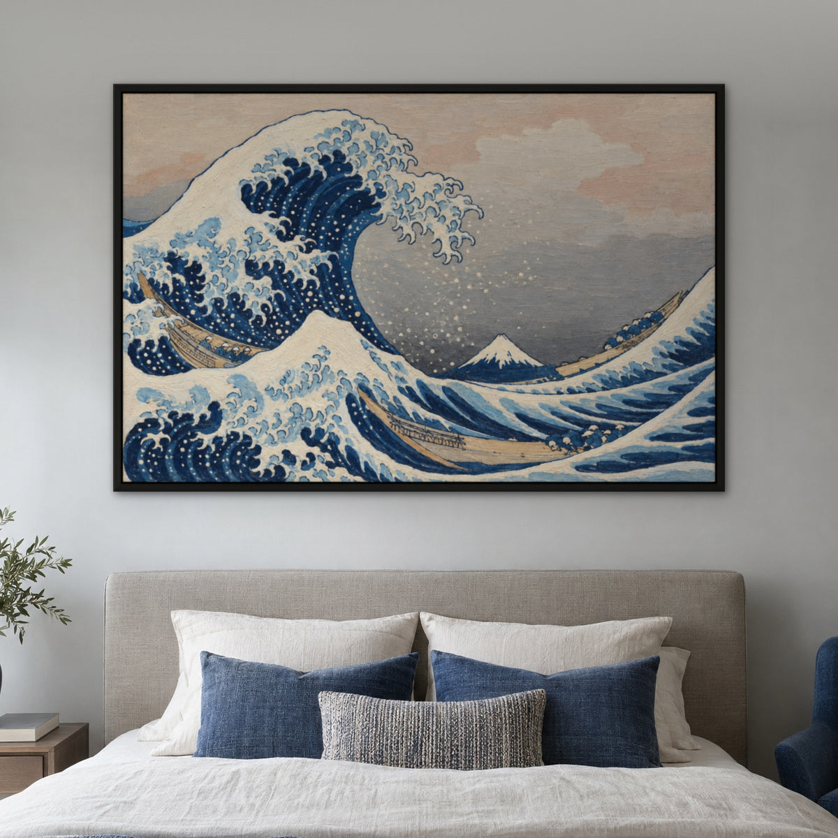 The Great Wave, after Hokusai, seascape hand-painted canvas wall art in a bedroom – Gallery 23