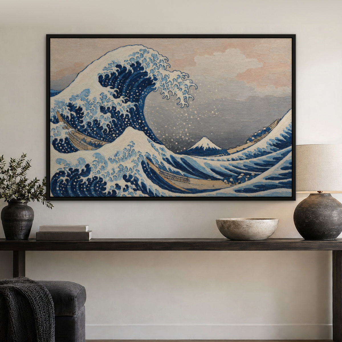 The Great Wave, after Hokusai, seascape hand-painted canvas wall art in a hallway – Gallery 23